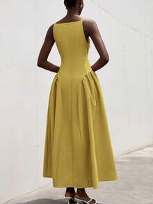 Aveloria Modichic Elegant Elegant Party Off-Shoulder Spaghetti Strap Cool Asymmetrical Shoulder Sleeveless Cinched Waist Woven Puff Skirt Exaggerated Large Hem A-Line Floral Sheer Textured Fabric Year-End Extra Long Dress - Yellow - View 3