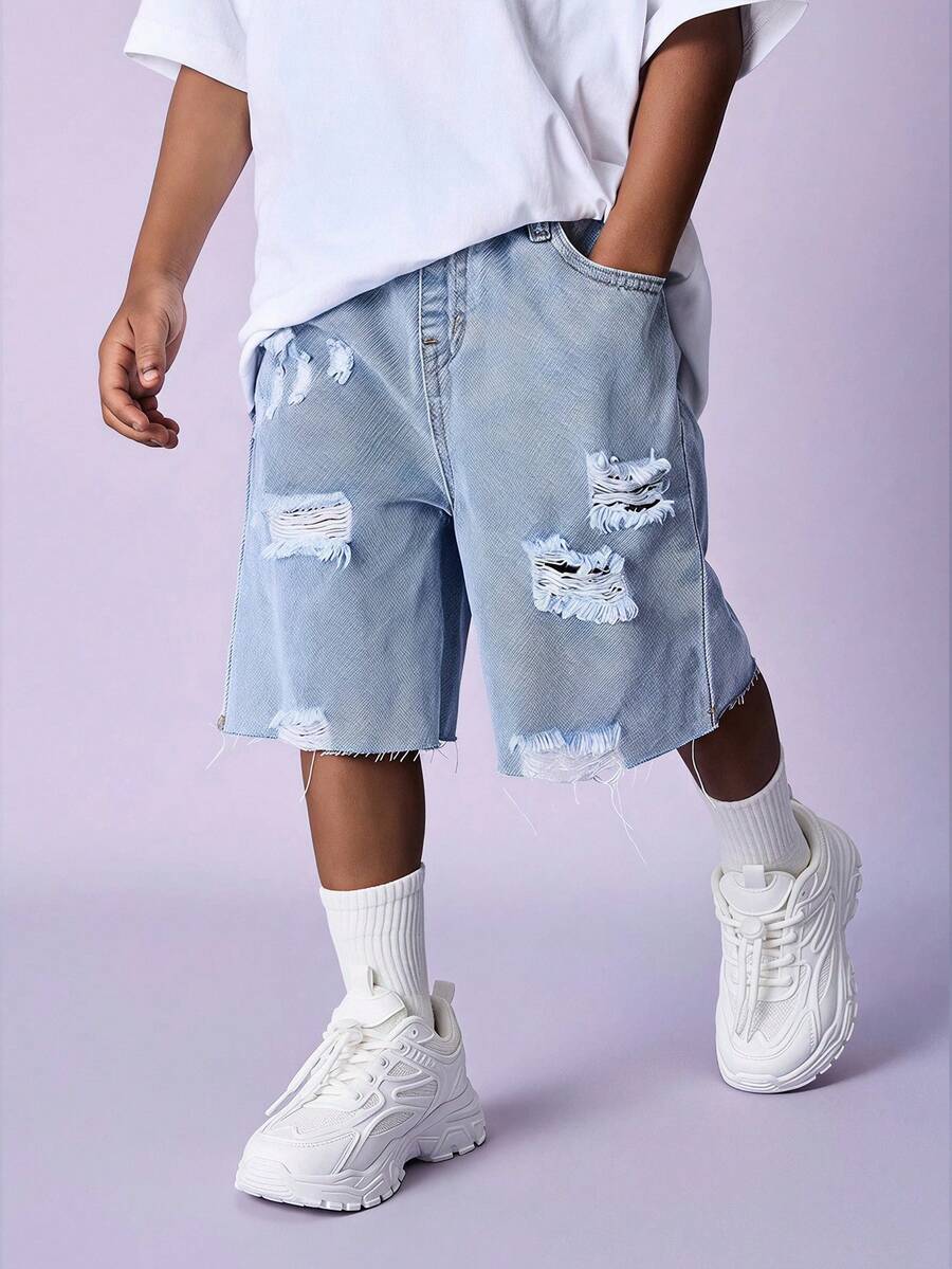 SHEIN Celana Pendek Denim Bermuda Longgar Warna Biru Muda Sobek Kasual untuk Anak Laki-Laki, Cocok untuk Pemakaian Sehari-hari di Musim Semi dan Musim Panas - Dusty Purple - View 1