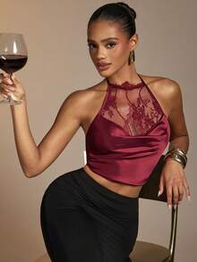 Hauture Damen Sexy Elegantes Transparentes Spitzen Hochhals Satin Crop Top, Urlaubs Party, Cocktailstunden, Date Nights, Abendessen, Perfektes Layering Stück - Bordeaux - Übersicht 1