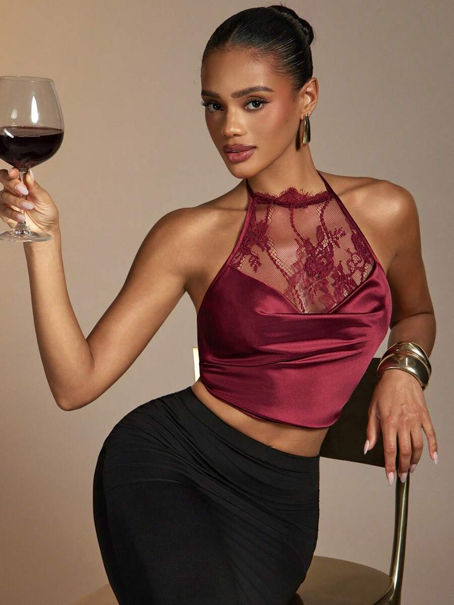 Hauture Damen Sexy Elegantes Transparentes Spitzen Hochhals Satin Crop Top, Urlaubs Party, Cocktailstunden, Date Nights, Abendessen, Perfektes Layering Stück - Bordeaux - Übersicht 1