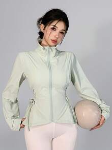 DAZY 女款長袖綠色抽繩收腰運動健身休閒戶外夾克，韓風，秋/夏 - 綠色 - 查看 1