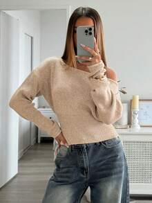 Aloruh Women's Solid Color Asymmetrical Shoulder Casual Daily Long Sleeve Sweater - Apricot - View 4