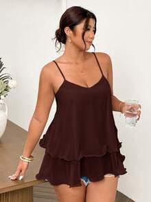 Lounesse Plus Size Women's Camisole Tank Top With Multi-Layer Ruffle Wave Design, Mid-Length, Versatile For Daily Wear, Vacation, Romantic Outings, Dates, Afternoon Tea, Apricot Color, Ins Style - Brown - View 4