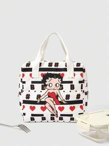 Betty Boop x SHEIN 白色愛心字母印花燈芯絨保溫便當袋 便攜手提保溫便當托特包 - 卡通-2 - 查看 1