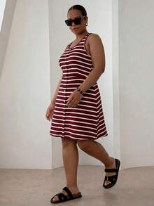ELLERISSA Plus Size Red & White Stripe Round Neck Sleeveless Front Button Waffle Knit Mini Dress - Red and White - View 4