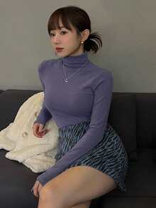 DAZY 女款修身保暖內裡高領套頭T恤 - 紫色 - 查看 3