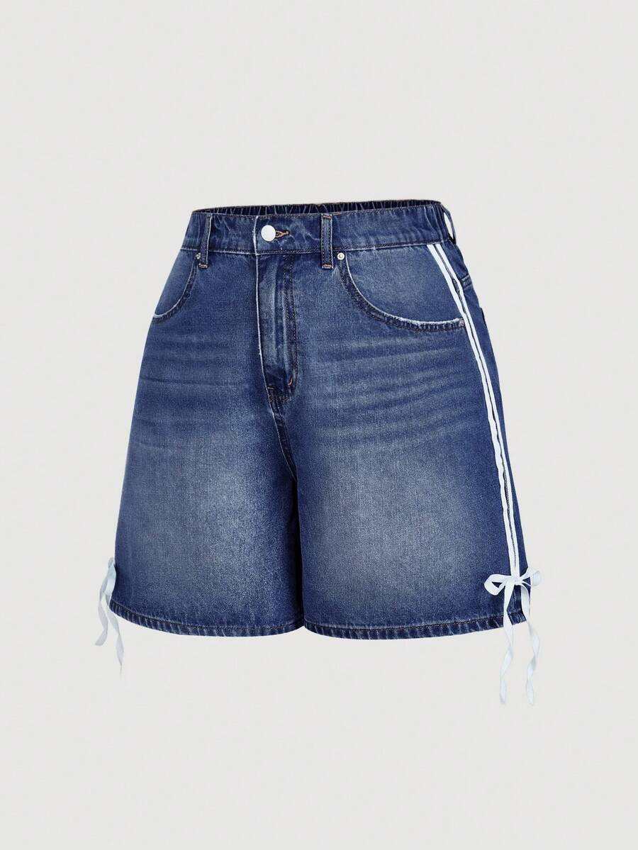 SHEIN MOD 大尺碼夏季休閒撞色條紋蝴蝶結裝飾牛仔短褲 Jorts 牛仔短褲