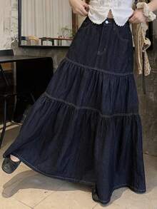 DAZY Women's Long Vacation Style Washed Denim Skirt Cute Tops - Dark Wash - View 5