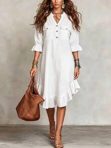 Breezaya Women's Button-Front V-Neck Utility Pocket Casual Denim Dress - White - View 7