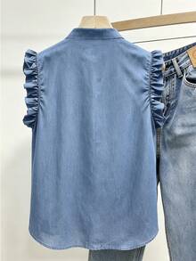 SHEIN Franclia 法式復古襯衫，光滑面料，夏季涼爽，荷葉邊立領與門襟設計展現復古風，適合夏季、春季、復活節、節慶活動、派對場合、海灘婚禮、畢業典禮、戶外活動、生日慶祝、優雅度假、休閒穿搭、奢華風 - 藍色 - 查看 2