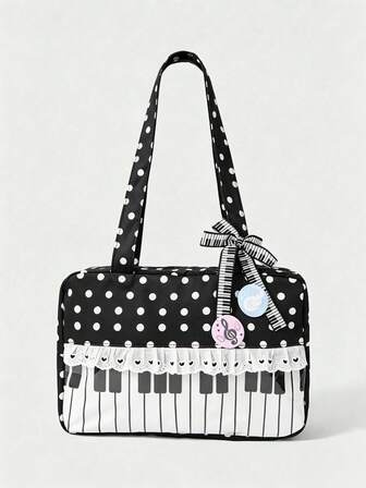 Anime 1 pezzo Borsa tote da donna carina e dolce con fiocco, cuore, pizzo, patchwork, pois e pop art, 2a generazione, con spuntino, nota musicale, festival musicale, strato trasparente, badge e display per bambole, borsa a tracolla, adatta per shopping e campus