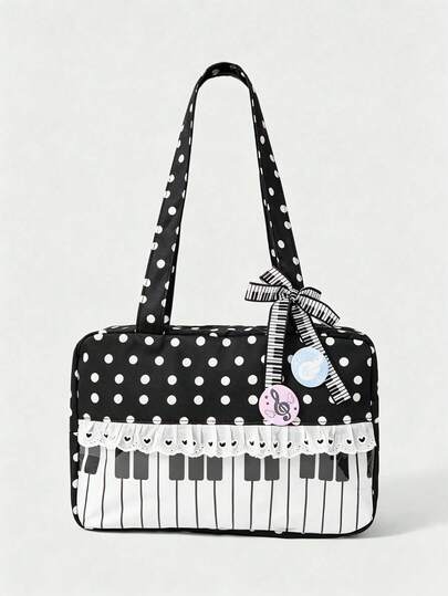 Anime 1 pezzo Borsa tote da donna carina e dolce con fiocco, cuore, pizzo, patchwork, pois e pop art, 2a generazione, con spuntino, nota musicale, festival musicale, strato trasparente, badge e display per bambole, borsa a tracolla, adatta per shopping e campus