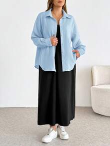 SHEIN Essnce 大尺碼女款純色長袖單排扣襯衫與細肩帶洋裝優雅兩件套 - 淺藍色 - 查看 4
