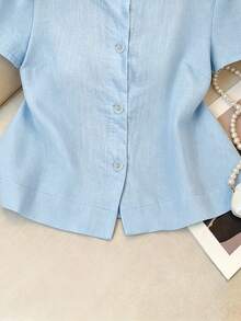 SHEIN Franclia 女款素色圓領前開襟歐根紗刺繡短袖襯衫 淺藍色 夏季休閒 適合辦公室與早午餐 - 藍色 - 查看 5