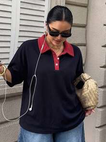 Livesso 對比色拼接寬鬆條紋 Polo 領中袖休閒夏季大尺碼女款 T-shirt - 黑色 - 查看 6