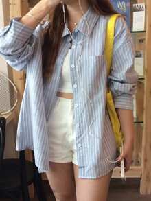 Dazy Plus 女童條紋寬鬆休閒韓風藍色襯衫 - 藍色 - 查看 5