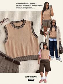 Comfortcana Plus Size Summer Commuter Vintage Traditional Normal 90s Elegant Round Neck Knit Vest Teachers' Day Formal Black - Camel - View 8
