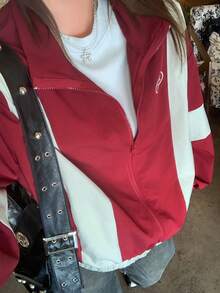 Dazy Plus Colorblock Patchwork Loose Street Casual Letter Print Red Jacket Spring Autumn - Red - View 5