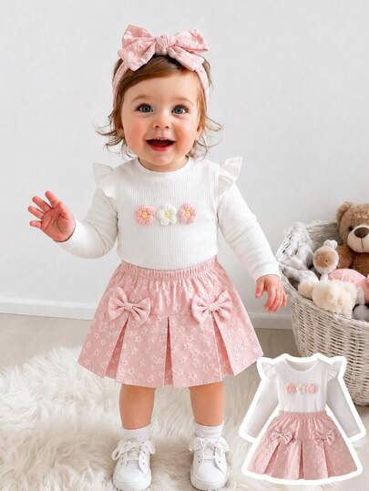 SHEIN Playful Pals Baby Girls Unisex Infant Toddler 0-3 Years Old Spring/Autumn Black Elegant Style Round Neck Pullover Top With Black Bow Knot Decor Coffee Brown Plaid Woven Skirt Set, Elegant Style Casual Fit Suitable For Outings, Casual Wear, Christmas Party