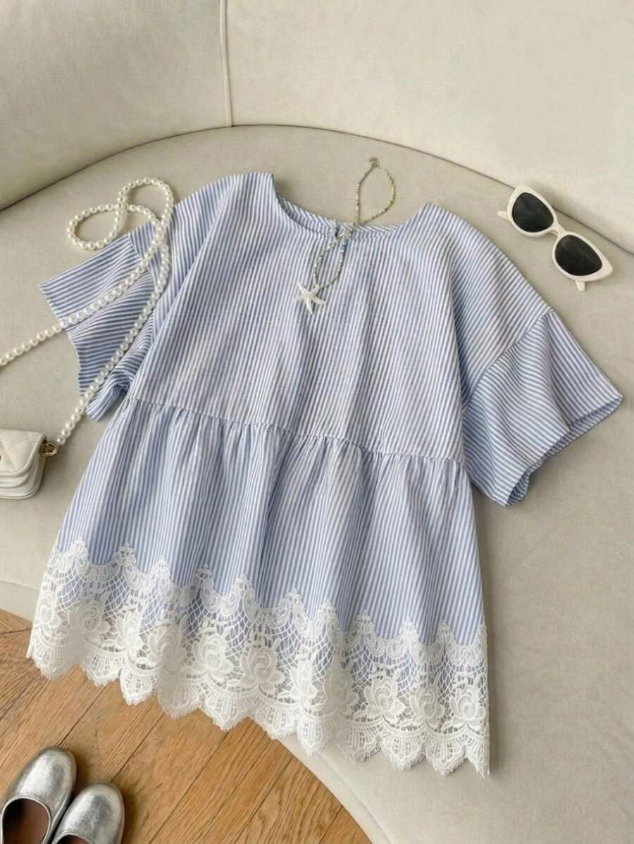 SHEIN EZwear 女款藍色圓領蘑菇鈕扣藍白條紋拼接白色蕾絲飾邊休閒優雅時尚襯衫 - 藍色 - 查看 1