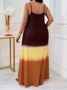 SHEIN Lady Plus Size Versatile Burgundy Colorblock Cami Dress Beach Vacation Summer - Brown - View 2