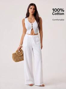 SHEIN Tall 100%水洗棉低腰直筒長褲 - 白色 - 查看 3