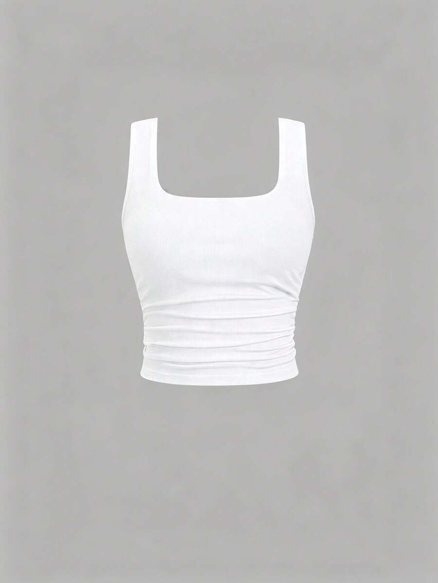 SHEIN Unity Top sin mangas ajustado informal de cuello cuadrado en unicolor para mujer - Blanco - Ver 1