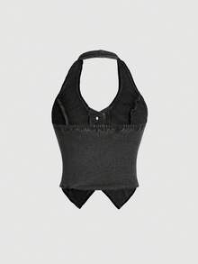 SHEIN ICON Y2K 蓝色弹力露背牛仔背心 - 黑色 - 查看 4
