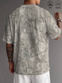 Gym Rark Retro Grey Woodland Camo Graphic Tee For Men, Full Print Distressed Tree Branch Maple Leaf Pattern, Relaxed Fit Crew Neck, Comfortable Daily Outdoor S - Multicolor - View 3