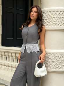 Siren Gaze Women's Grey Sleeveless Suit Vest & Wide-Leg Trouser Set With Lace Detailing – Elegant Autumn Office Wear For The Sophisticated Professional - Grey - View 4
