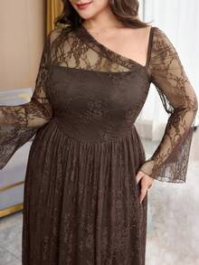 Feyla Plus Size Elegant Party Solid Color Lace Asymmetric Neckline Dress - Coffee Brown - View 6