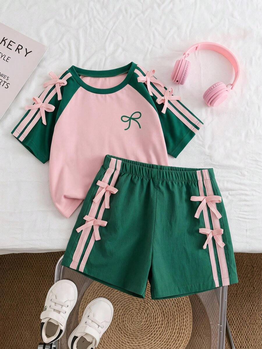 Elladie kids 女童時尚粉綠拼色休閒運動套裝,3D蝴蝶結裝飾,條紋插肩短袖T恤與短褲休閒套裝 - 彩色 - 查看 1