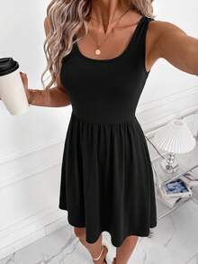 SHEIN Clasi 女款素色百褶休閒日常夏季洋裝 - 黑色 - 查看 4