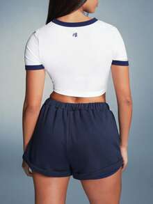 11SKNDS Double Layer Mini Shorts With Elastic Drawstring Waist Side Pockets And Branded Logo Detail Summer Essential - Navy Blue - View 5