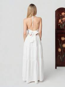 PRISCILA ESCOTO PRISCILA ESCOTO Women's Romantic Floral Printed Beach Vacation Halter V-Neck Pleated Backless A-Line Dress For Summer Hawaii,White Graduation Dress Elegant Party - White - View 3