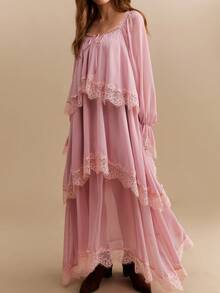 CielaLinda Women's Lace Trim Ribbon Chiffon Maxi Dress, Long Sleeve Flowy Dress, Romantic Boho Dress - Pink - View 3