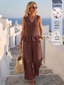 Faunlyn Casual Tropical Linen Solid Color Single-Breasted Vest And Pants Set Vacation Coffee Brown Summer - Blue - View 2