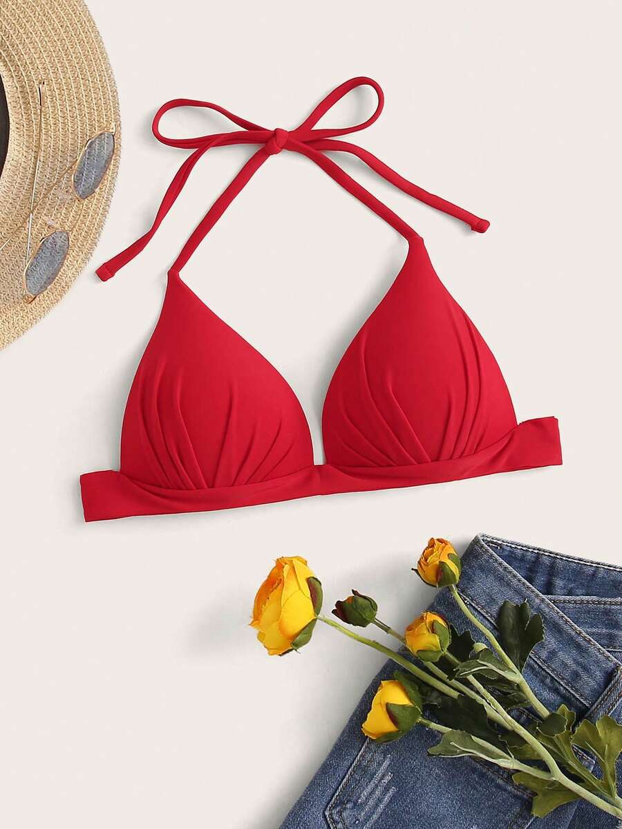 Swim Vcay Summer Beach Halter Triangle Swimming Top - Red - View 1