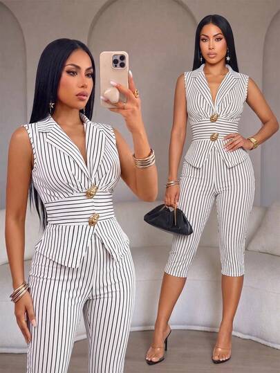 SOLERSUN Elegant Casual Commute Women's Suit Set, Black And White Knitted Waist-Cinching Teacher Outfit, Vest Old Money Style Set Office Summer
