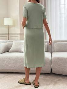 Slowluna Maternity Solid Color Nursing Function Casual Daily Wear Dress - Green - View 10