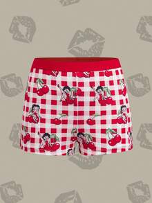 Betty Boop x SHEIN Women's Plaid Cherry Print Casual Everyday Hipster Panties - Red - View 3