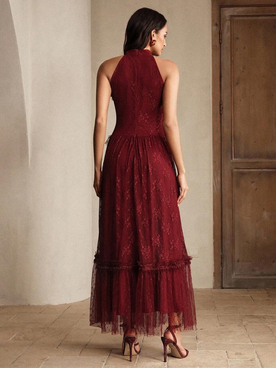 New Small Stand Collar Halter Neck Sleeveless Romantic Lace Fabric With Ruffle Trim Slimming Flared Long Elegant Women's Dress Wedding Burgundy
