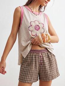 Bohemela 2 peças/Conjunto Regata de Malha Lavada Casual e Shorts Soltos Femininos - Branco - Visão 2