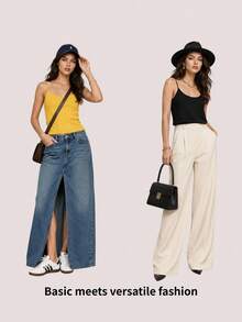 SHEIN BASICS 1件女款純色修身休閒細肩帶背心上衣 白色上衣 - 粉色 - 查看 15