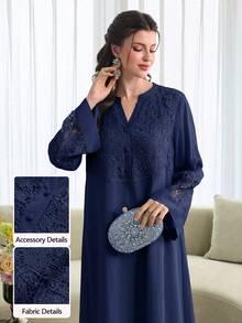Al Najma Spring/Summer Fashion V-Neck Flared Sleeve Patchwork 3D Embroidered Lace Trim Full Skirt Dress - Navy Blue - View 8