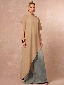 Lumalex Women's Solid Color Split Design Casual Daily Long Top - Khaki - View 8