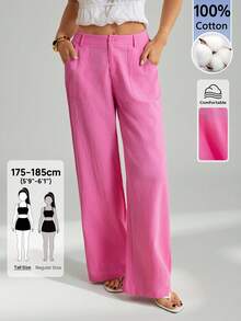 SHEIN Tall 100%水洗棉低腰直筒工裝褲，適合高個女性 - 玫紅色 - 查看 4
