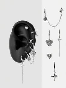 MortiRose Silver Sweet And Cool Girl Wind Star Love Six-Piece Set Of Earrings Chain Fringed Earrings Daily Versatile Niche Design Stud Earrings - Silver - View 17