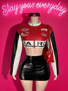Slaydiva Women Red Black White PU Cropped Racing  Jacket Racing Badge Letter Print Zip‑Up Faux Leather Biker Coat Y2K Halloween Christmas Street Party - Red - View 6