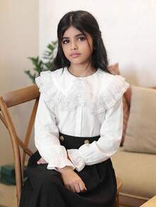 SHEIN 少女大領蕾絲飾邊串珠彼得潘領長袖紋理襯衫 - 白色 - 查看 6